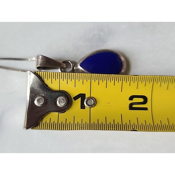 925 Sterling Silver Faux Stone Blue Inlay Pendant Necklace Vintage - Picture 11 of 11